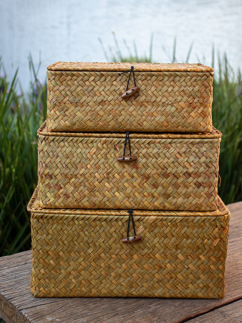 SET 3 CANASTOS CON TAPA RATÁN