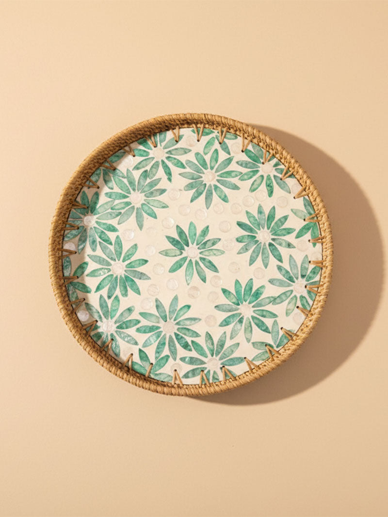 BANDEJA REDONDA NÁCAR Y RATÁN